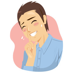 Illustration of insecure shy man making silence quiet hand gesture with finger in front of mouth