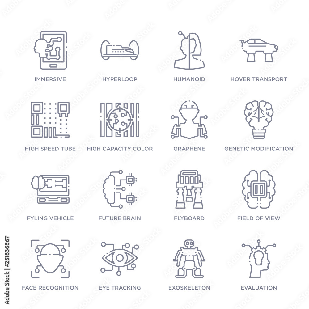 set of 16 thin linear icons such as evaluation, exoskeleton, eye ...