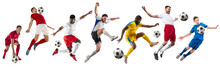 Professional Football Soccer Players With Ball Isolated On White Studio Background. Collage With Fit Male Models. Attack, Defense, Fight. Group Of Men With Sport Equipment.