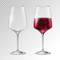 Wall Mural - Realistic vector illustration of full and empty champagne or wine glass isolated on transperent background