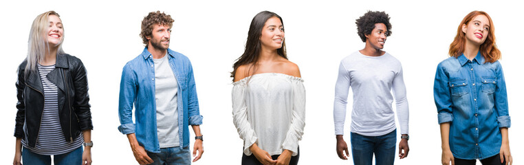 Wall Mural - Collage of group of arab, indian, african american people over isolated background looking away to side with smile on face, natural expression. Laughing confident.