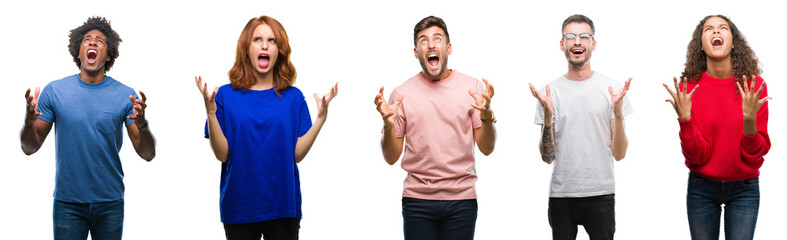 Sticker - Composition of african american, hispanic and caucasian group of people over isolated white background crazy and mad shouting and yelling with aggressive expression and arms raised