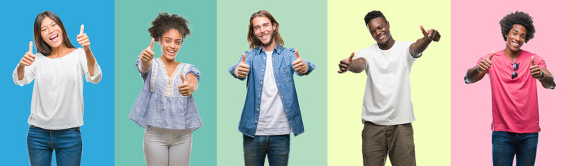 Sticker - Composition of african american, hispanic and chinese group of people over vintage color background approving doing positive gesture with hand, thumbs up smiling and happy for success.