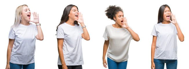 Sticker - Collage of group of chinese, arab, african american woman over isolated background shouting and screaming loud to side with hand on mouth. Communication concept.