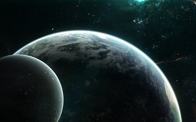 Wall Mural - planet earth and moon in turquoise light. solar system, nebulae, star clusters. science fiction art.