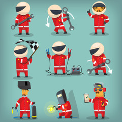 Set of colorful racing participants, champions, engineers and pit stop workers. Isolated vector characters