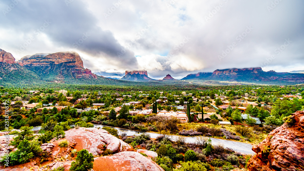 View of the red sandstone formations of Twin Buttes, Courthouse Butte ...