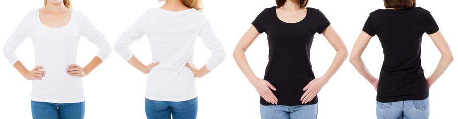 Sticker - Woman In White And Black T Shirt Isolated Front And Rear Views Cropped image Blank T-shirt Options, Girl In Tshirt Set. Mock Up. Shirt Design And People Concept.