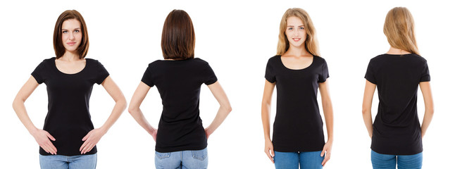 T-shirt set. Front and rear Brunette and Blonde in black t shirt isolated on white background. Two girl in blank shirt, Mock up, Collage, Copy space, Template