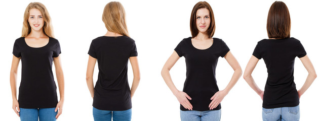 Sticker - T-shirt set. Front and rear Brunette and Blonde in black t shirt isolated on white background. Two girl in blank shirt, Mock up, Collage, Copy space, Template