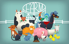 Vector Illustration Card With Animals And Birds Standing Near Gates Inviting To Visit A Farm Yard.