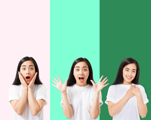 Wall Mural - Collage of surprised shocked excited asian woman face isolated on colorful background. Young asian girl in summer t shirt. Copy space