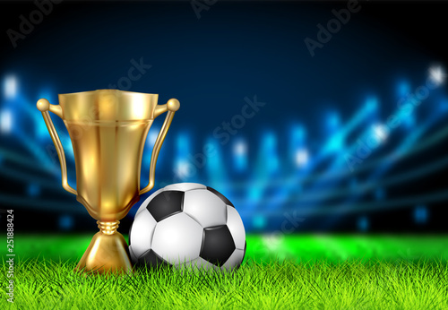 Realistic Winner Cup And Soccer Ball Isolated On Field Stadium