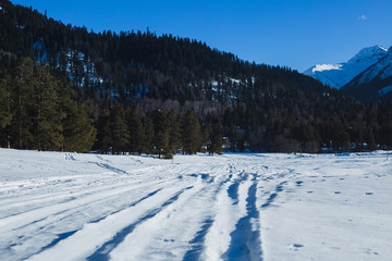 winter, path, track, snow, landscape, cold, tree, nature, sky, forest, white, road, ice, frost, frozen, blue, season, trees, snowy, scene, field, clouds, way, mountain, weather, russia, arhyz