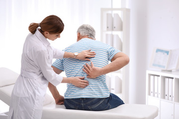 Wall Mural - Chiropractor examining patient with back pain in clinic