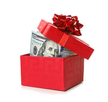 Gift Box With Dollar Banknotes On White Background