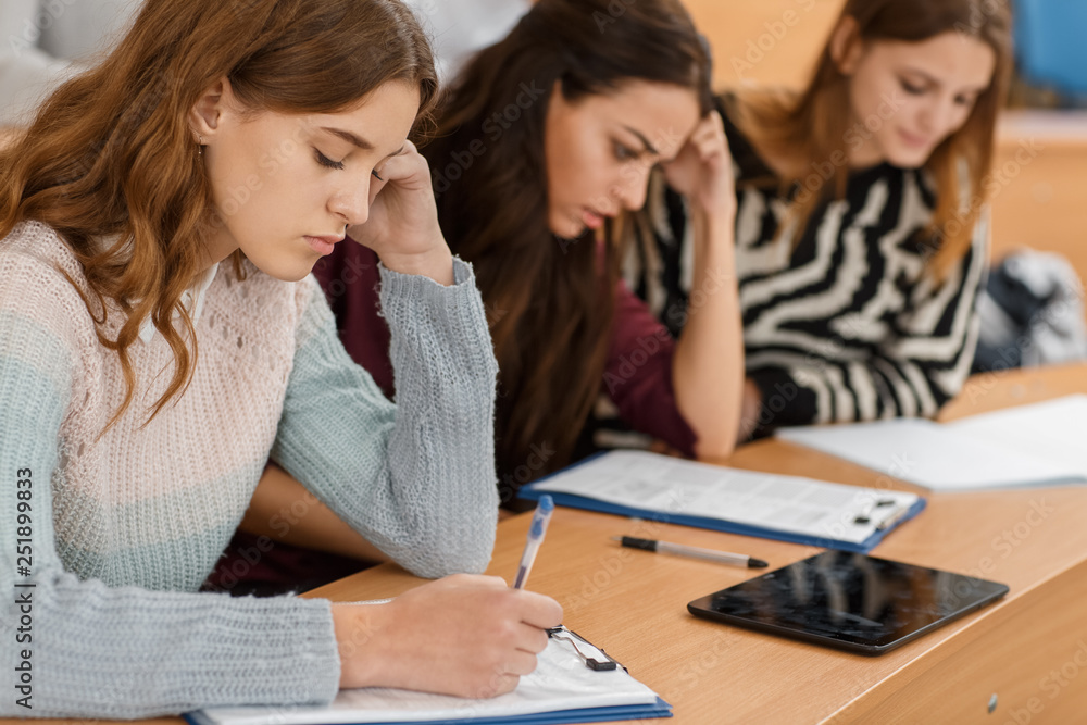 Three beautiful and young woman learning at university. View of 
