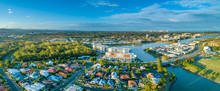 Aerial Panorama Of Luxury Real Estate At Varsity Lakes Suburb On Gold Coast, Queensland, Australia