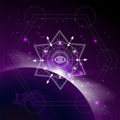 Poster - Vector illustration of Sacred or mystic symbol against the space background with sunrise and stars.