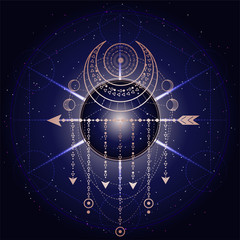 Wall Mural - Vector illustration of Sacred or mystic symbol on abstract background. Geometric sign drawn in lines. Golden and blue color.