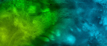Cosmic Neon Polar Lights Watercolor Background. Creative Blue And Green Shades Hand Drawn Multicolor Texture Water Color Paint Illustration. Paper Textured Aquarelle Canvas For Modern Creative Design
