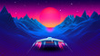 © swillklitch - Arcade space ship flying to the sun in blue corridor or canyon landscape with 3D mountains, 80s style synthwave or retrowave scenic view