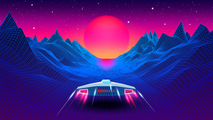 Wall Mural - arcade space ship flying to the sun in blue corridor or canyon landscape with 3d mountains, 80s styl