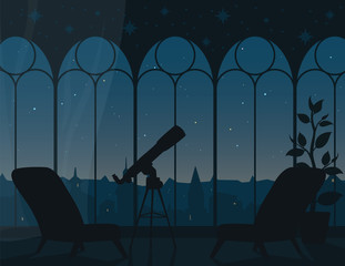 panoramic view from room through arched windows to evening starry sky of town. vector illustration o