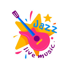 Canvas Print - Creative badge for jazz club. Live music. Emblem with orange star and pink guitar. Musical instrument. Flat vector