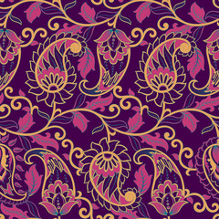  Paisley seamless pattern with flowers in indian style.