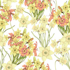 Wall Mural - Seamless pattern of hand drawn daffodils