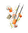 Tasty sushi rolls, avocado and chopsticks on white background