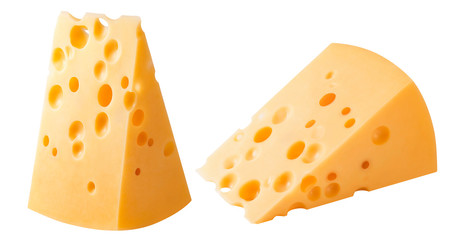 Wall Mural - vertical and horizontal cheese pieces isolated on white background. with clipping path