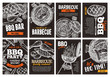 Set of vector hand drawnbarbecue posters with grilled food, sausages, chicken, french fries, steaks, fish, BBQ bar and party welcome. Collection of trendy sketch cards with typographic on the chalkboa