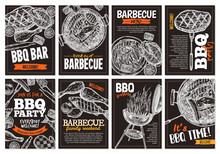Set Of Vector Hand Drawnbarbecue Posters With Grilled Food, Sausages, Chicken, French Fries, Steaks, Fish, BBQ Bar And Party Welcome. Collection Of Trendy Sketch Cards With Typographic On The Chalkboa