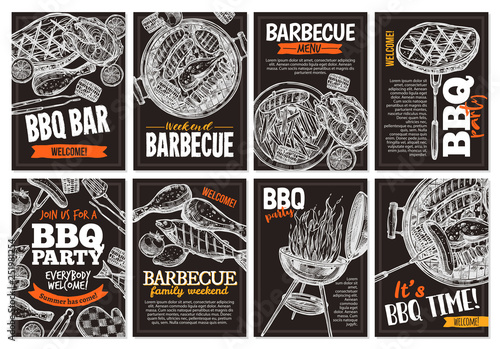 Fotomural Set of vector hand drawnbarbecue posters with grilled food, sausages, chicken, french fries, steaks, fish, BBQ bar and party welcome
