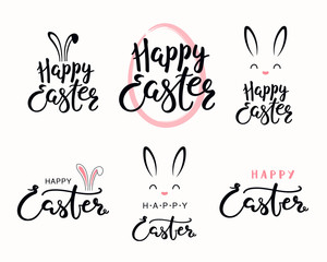 Wall Mural - Set of hand written calligraphic lettering quotes Happy Easter, with egg outline, bunny face. Isolated objects on white background. Hand drawn vector illustration. Design concept for card, banner.