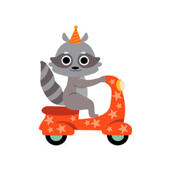 Poster - Raccoon Riding on Motorbike, Cute Funny Animal Performing in Circus Show Vector Illustration