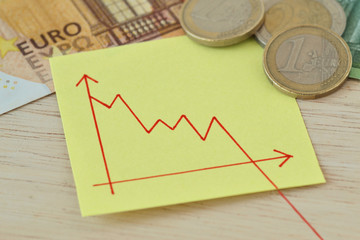 Graphic with descending line on paper note, euro coins and banknotes - Concept of lost money value