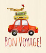 © Elena - Travel banner. Watercolor funny cartoon poster. Illustration with car, baggage and happy bye-bye cat with red hat. Bon Voyage lettering.