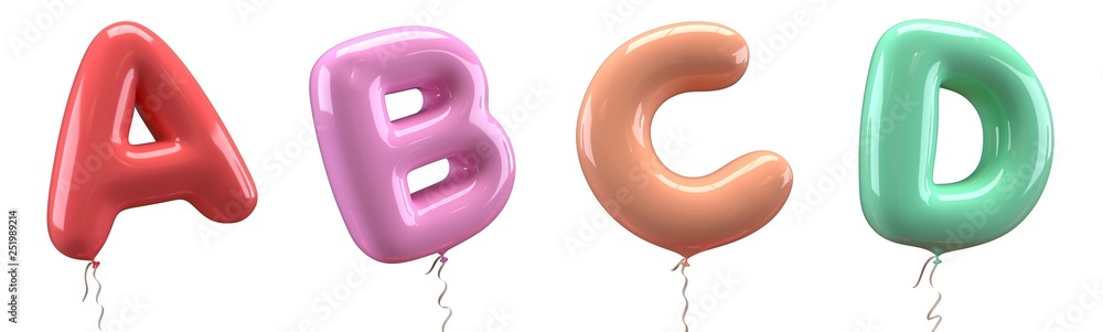 Brilliant balloons font. Alphabet letter a, b, c, d, made of realistic elastic color rubber balloon. 3D illustration for your extraordinary balloon decoration in several concepts idea in many occasion - obrazy, fototapety, plakaty 