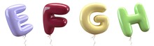Brilliant Balloons Font. Alphabet Letter E, F, G, H Made Of Realistic Elastic Color Rubber Balloon. 3D Illustration For Your Extraordinary Balloon Decoration In Several Concepts Idea In Many Occasion