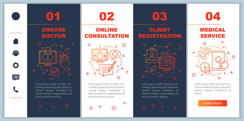 Clinic center onboarding mobile web pages vector template