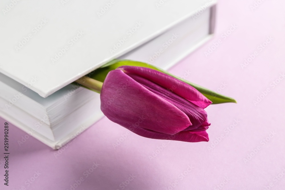 Book with tulip flower on color background, closeup
