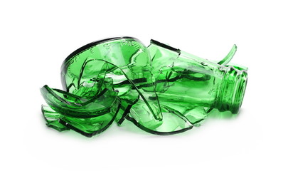 Wall Mural - Glass shards, broken green beer bottle isolated on white background