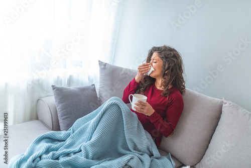 Cold And Flu Portrait Of Ill Woman Caught Cold Feeling Sick And