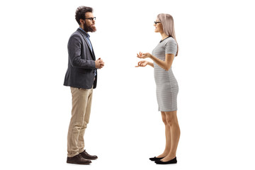 man and woman standing and talking