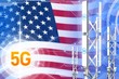 © Dancing Man - USA 5G industrial illustration, large cellular network mast or tower on hi-tech background with the flag - 3D Illustration