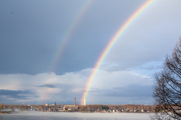 Peaceful spring misty landscape at sunrise after rain with rainbow and fog on the river Volga, in the background industrial plant with pipe. Сoncept of pollution and global warming.