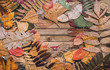 Autumn dry leaves on brown wooden background. Herbarium. Top view, space for text.
